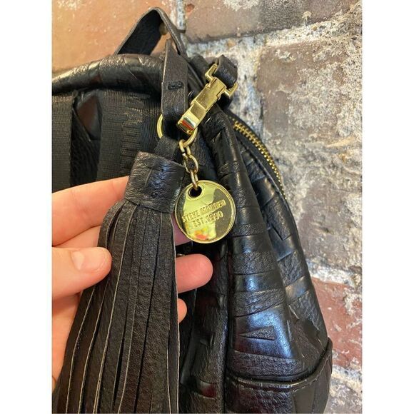 Steve Madden Mini Backpack Purse Black Embossed Leather Logo - Picture 7 of 13
